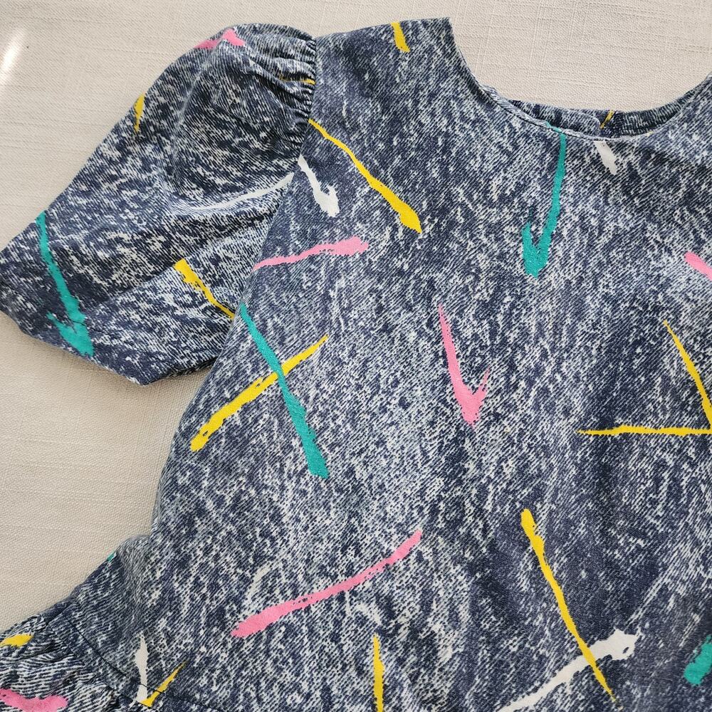 Vintage 80s In Style Girls 4T Dress Paint Splatter Drop Waist Ruffle - Picture 4 of 7